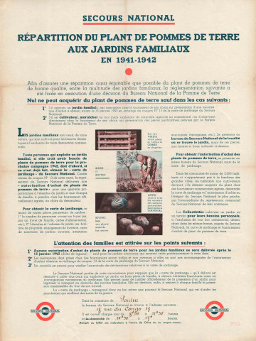 « Secours national. Répartition du plant de pommes de terre aux jardins familiaux en 1941-1942 » : affiche.