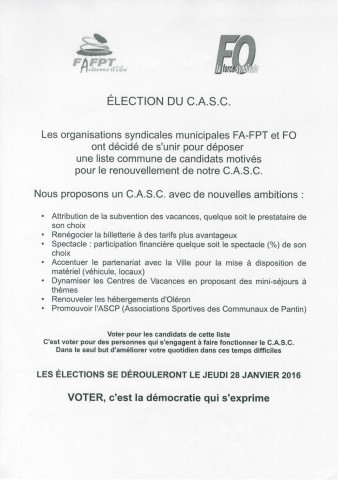 Élections du conseil d'administration du Comité d'activités sociales et culturelles (CASC) de la ville de Pantin le 28 janvier 2016 : tract « Élection du CASC » de la Fédération autonome de la fonction publique territoriale (FA-FPT) et de Force ouvrière (FO).