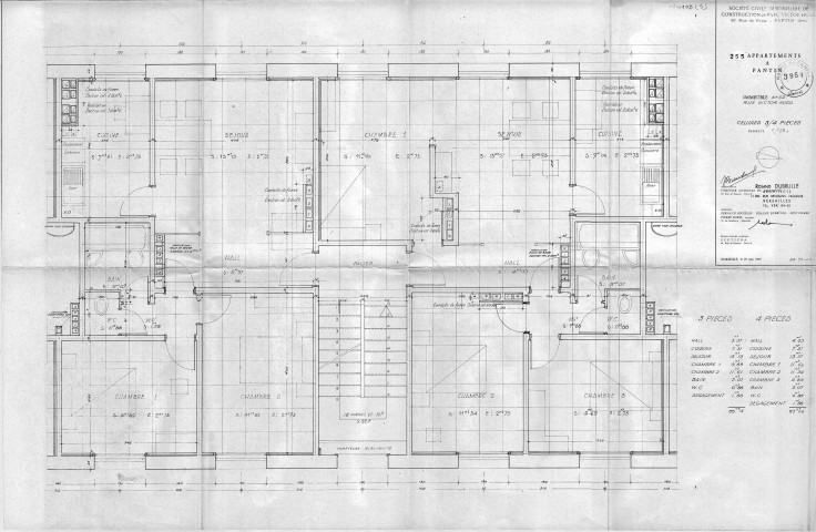 52 bis, rue Victor-Hugo. - Construction de 255 appartements, projet : plan des cellules 3 et 4 pièces.