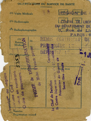 Retour du prisonnier de guerre Jean-Marie Bourgeois : fiche de transport, carte de rapatrié.