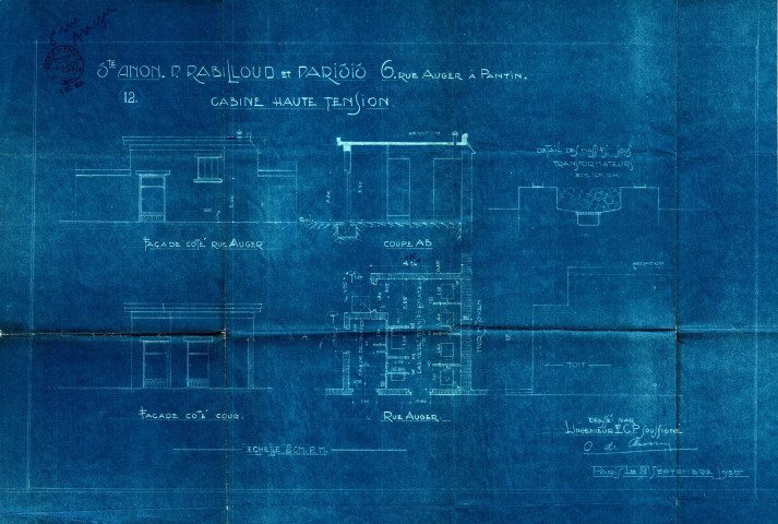 6 rue Auger. - Société Anon, Rabilloud et Parisis, projet
de construction d'une cabine haute tension : permis de construire.