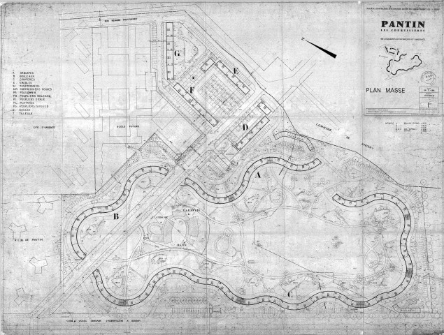 Les Courtillières. - 800 logements économiques et familiaux, projet de construction par la Société immobilière d'économie mixte du département de la Seine : plan masse.