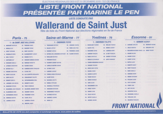 Élections régionales des 6 et 13 décembre 2015. - Second tour : profession de foi et bulletin de vote de la liste du Front national.