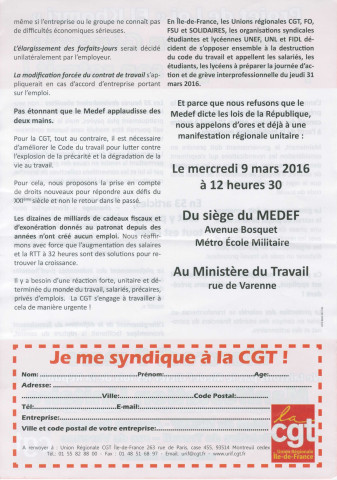 Projet de loi visant à instituer de nouvelles libertés et de nouvelles protections pour les entreprises et les actifs dit « El Khomri ». - Contestation : tract « Mobilisation générale pour exiger son retrait » de l'union régionale Île-de-France de la Confédération générale du travail (CGT).