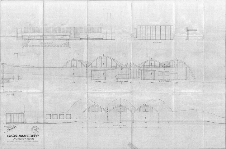 Les Courtillières. - Crèche, halte-garderie et centre de protection maternelle et infantile (PMI), projet de construction : élévations des façades et coupes (nord et est).