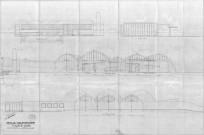 Les Courtillières. - Crèche, halte-garderie et centre de protection maternelle et infantile (PMI), projet de construction : élévations des façades et coupes (nord et est).