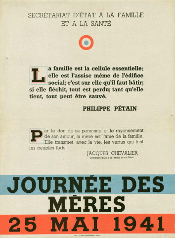 Secrétariat d'État à la Famille et à la santé, journée des mères : affiche.