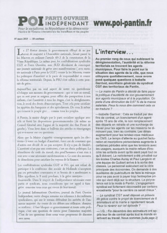 Austérité, réforme territoriale, impôts locaux, rythmes scolaires. - Parti ouvrier indépendant (POI) de Pantin : bulletin d'information.