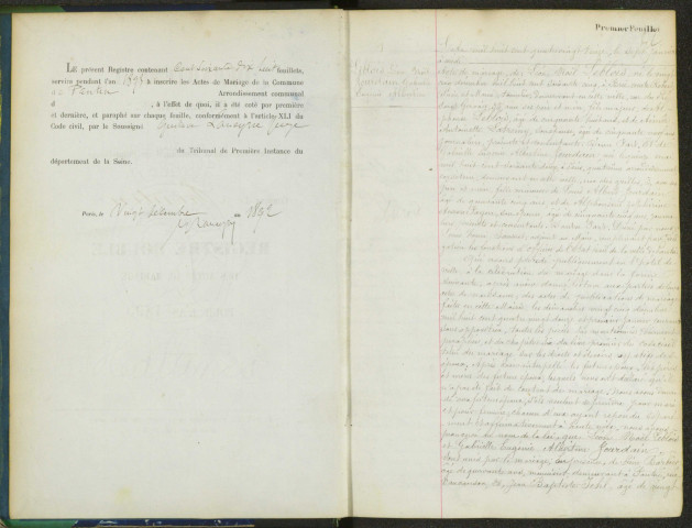 Commune de Pantin : registre des actes de mariage.