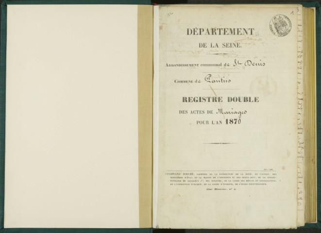 Commune de Pantin : registre des actes de mariage.