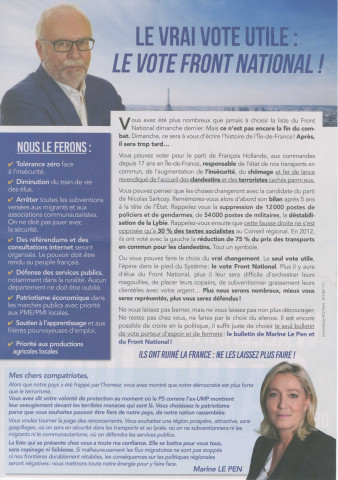 Élections régionales des 6 et 13 décembre 2015. - Second tour : profession de foi et bulletin de vote de la liste du Front national.