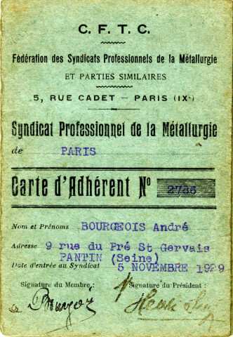 Cartes d'adhésion d'André Bourgeois à l'Université populaire de Pantin (UPP) (1931), à la Fédération des syndicats professionnels de la métallurgie de la Confédération française des travailleurs chrétiens (CFTC) (1933-1936), à la caisse d'assurances sociales La Familiale (1939), à l'Union paroissiale de Saint-Germain-l'Auxerrois de Pantin (1939) et à la Fédération nationale des familles (1945).