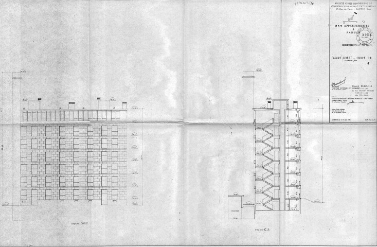 2 et 2 bis, rue Delizy. - Construction de 255 appartements, projet : élévation de la façade ouest, coupe C-D.