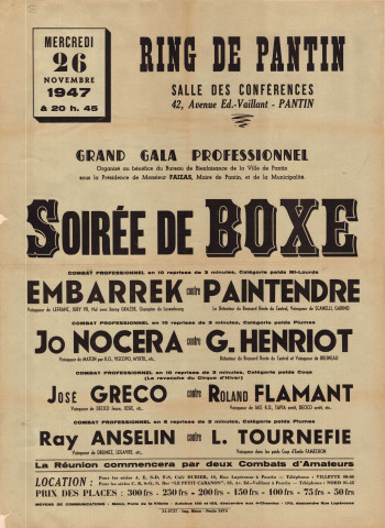 Grand gala professionnel et soirée de boxe organisés à la salle des conférences, au bénéfice du bureau de bienfaisance, par le Ring de Pantin : affiche.