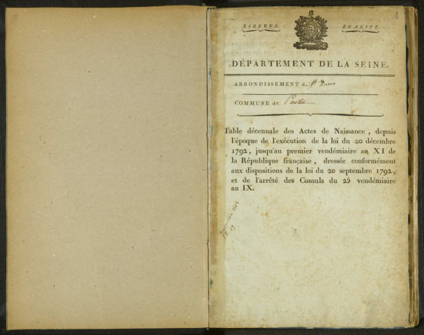 Commune de Pantin : table décennale des naissances, mariages et décès.