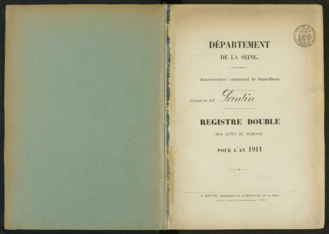 Commune de Pantin : registre des actes de mariage.