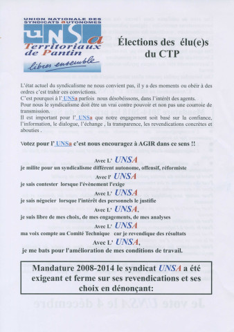 Élections professionnelles du 4 décembre 2014 dans la fonction publique territoriale. - Union nationale des syndicats autonomes (UNSA) Territoriaux de Pantin : tract « Élections des élu(e)s du CTP ».