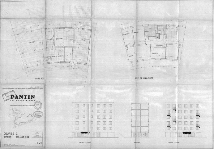 Les Courtillières. - 800 logements économiques et familiaux, projet de construction par la Société immobilière d'économie mixte du département de la Seine : plans du sous-sol et du rez-de-chaussée de la cellule C44 avec loge du gardien dans la courbe C du Serpentin, élévations des façades côtés entrée, passage et jardin.