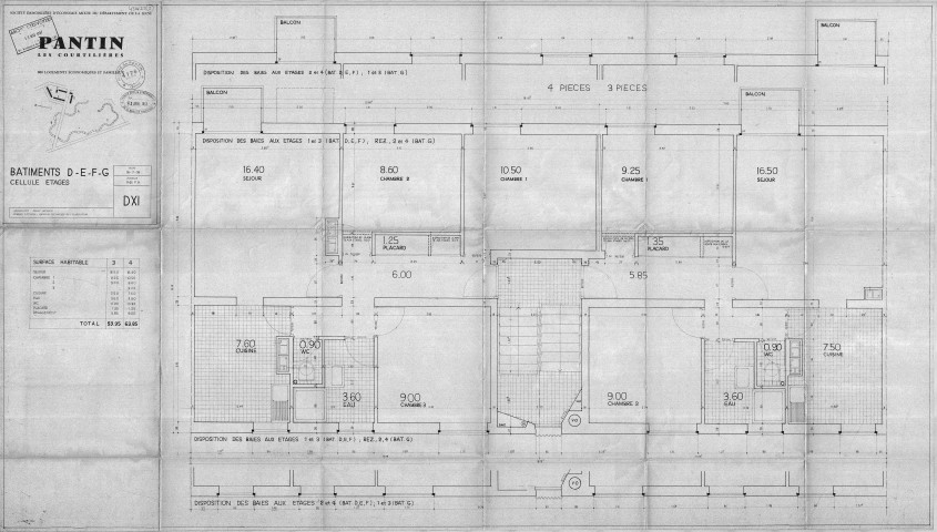 Les Courtillières. - 800 logements économiques et familiaux, projet de construction par la Société immobilière d'économie mixte du département de la Seine : plan des étages des bâtiments D-E-F-G.