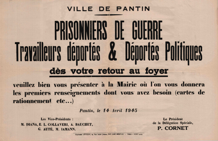 Appel aux prisonniers et déportés à se présenter en mairie : affiche.