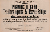 Appel aux prisonniers et déportés à se présenter en mairie : affiche.