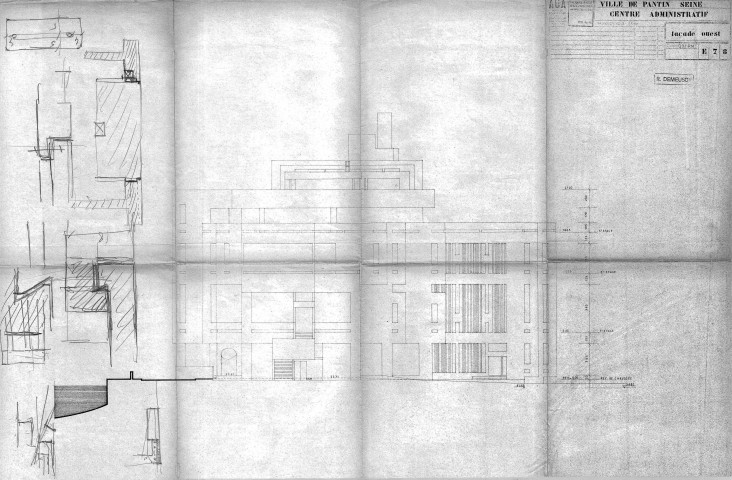 Centre administratif (devenu Centre national de la danse). - Projet de construction : élévation de la façade ouest.
