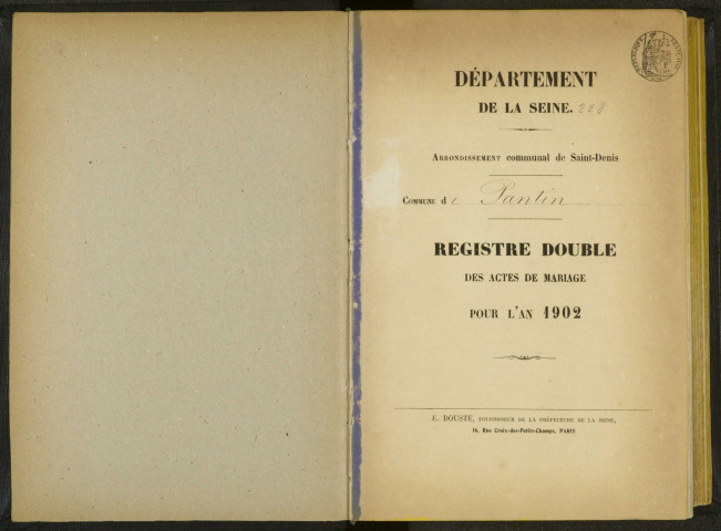Commune de Pantin : registre des actes de mariage.