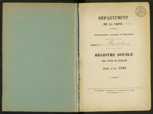 Commune de Pantin : registre des actes de mariage.