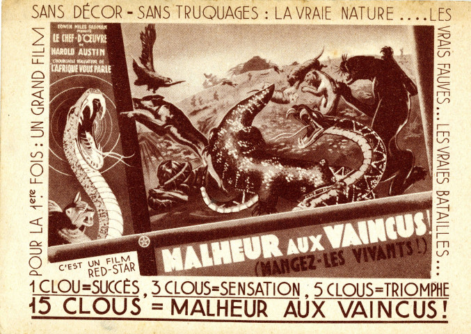 Documentaire animalier « Malheur aux vaincus » d'Harold Austin, diffusion au cinéma Pantin-Palace sis 5 quai de l'Ourcq : carte postale publicitaire.