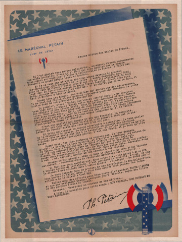 Discours du Maréchal Pétain aux jeunes élèves des écoles de France : affiche.
