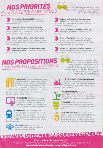 Élections départementales des 22 et 29 mars 2015. - Canton Pantin-Le Pré-Saint-Gervais, premier tour : tract « À vos côtés, la gauche agit pour la Seine-Saint-Denis, pour Pantin et le Pré-Saint-Gervais » de la Gauche rassemblée pour Pantin et le Pré.
