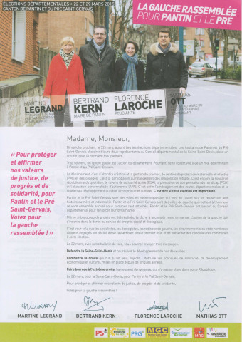 Élections départementales des 22 et 29 mars 2015. - Canton Pantin-Le Pré-Saint-Gervais, premier tour : profession de foi et bulletin de vote de la Gauche rassemblée pour Pantin et le Pré.