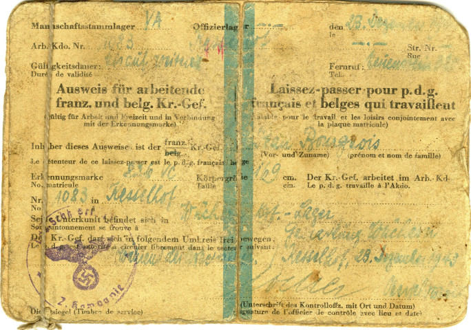 Laissez-passer pour travailleurs français et belge qui travaillent au nom de Jean-Marie Bourgeois.