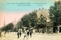Avenue Jean-Jaurès avec en premier plan le Casino-Cinéma et en arrière-plan l'église Sainte-Marthe : carte postale colorisée.