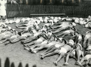 École de Plein-Air, bain de soleil dans le bac à sable : photographie noir et blanc.