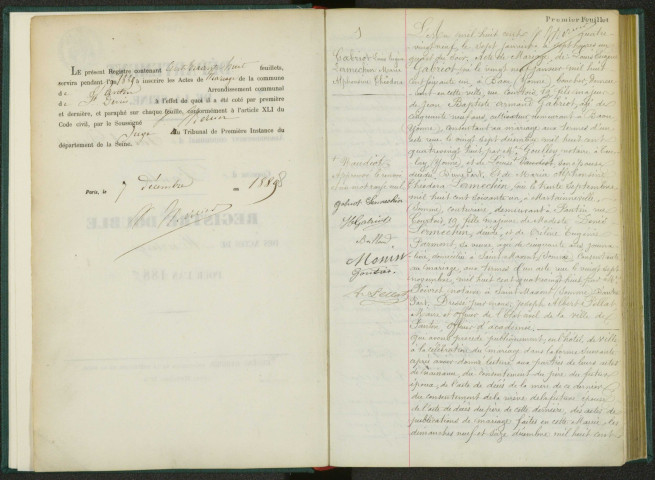 Commune de Pantin : registre des actes de mariage.