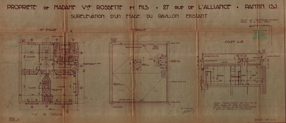 27 rue Eugène-et-Marie-Louise-Cornet [ancienne rue de l'Alliance], construction (1910) et surrélévation (1934) : permis de construire.