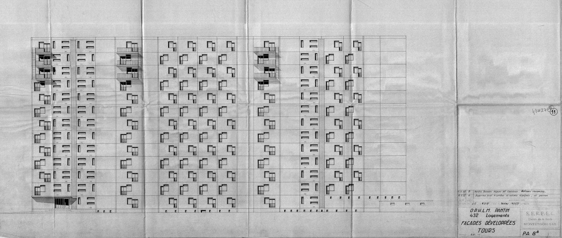 Les Courtillières. - 432 logements, projet de construction par l'Office public d'habitations à loyer modéré de la ville de Pantin : élévation des façades développées des tours en tripode.