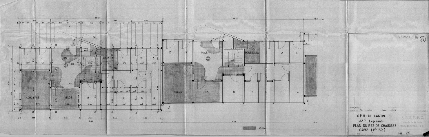 Les Courtillières. - 432 logements, projet de construction par l'Office public d'habitations à loyer modéré de la ville de Pantin : plan du rez-de-chaussée et des caves du bâtiment 2.