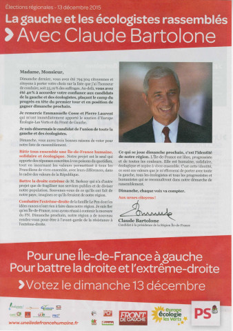 Élections régionales des 6 et 13 décembre 2015. - Second tour : profession de foi et bulletin de vote de la liste La gauche et les écologistes rassemblés avec Claude Bartolone.