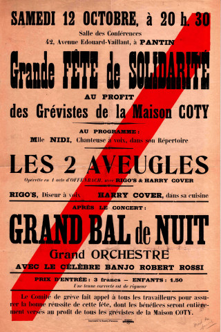 Grande fête de solidarité au profit des grévistes des ouvriers parfumeurs Coty : affiche.