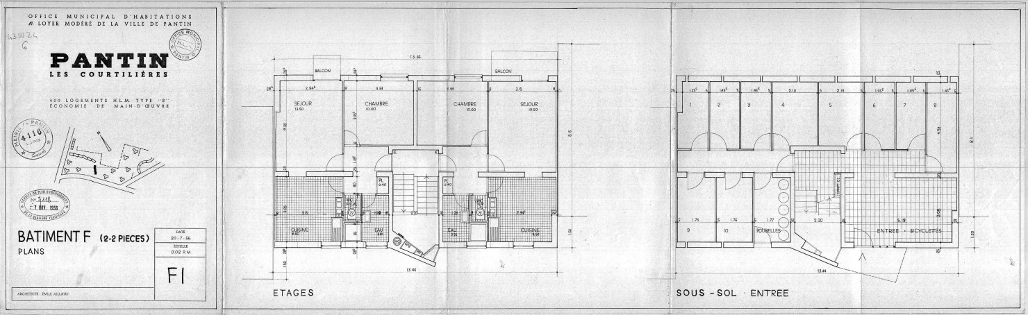 Les Courtillières. - 400 logements HLM de type B, projet de construction par l'Office municipal d'habitations à loyer modéré de la ville de Pantin : plans du sous-sol et des étages du bâtiment F (2 pièces).