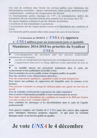 Élections professionnelles du 4 décembre 2014 dans la fonction publique territoriale. - Union nationale des syndicats autonomes (UNSA) Territoriaux de Pantin : tract « Élections des élu(e)s du CTP ».