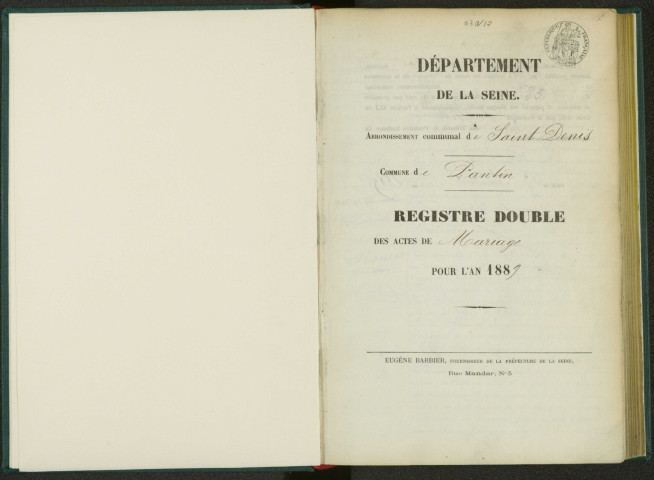 Commune de Pantin : registre des actes de mariage.