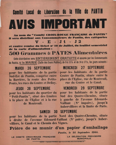 Distribution de 500 grammes de pâtes par le comité local de libération : affiche.