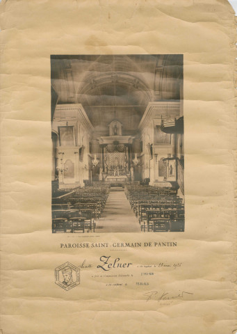 Baptême, communion et confirmation de Lucette Zelner célébrés en l'église Saint-Germain de Pantin : affiche.