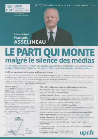 Élections régionales des 6 et 13 décembre 2015. - Premier tour : profession de foi de la liste de l'Union populaire républicaine (UPR).