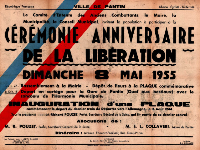 Commémoration du départ du dernier train de déportés vers l'Allemagne le 15 août 1944 depuis le quai aux bestiaux de la gare de marchandises de Pantin, inauguration dune plaque : affiche.