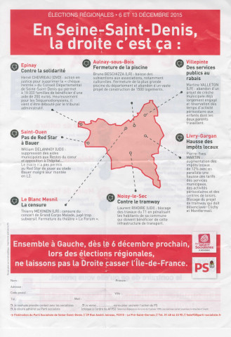 Élections régionales des 6 et 13 décembre 2015. - Premier tour : tract « En Seine-Saint-Denis, la droite c'est ça » du Parti socialiste.