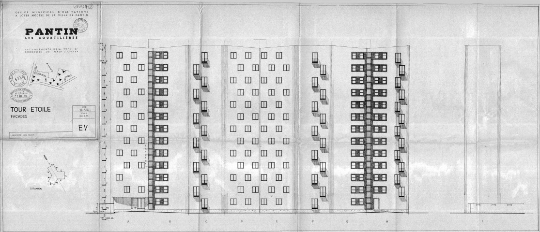 Les Courtillières. - 400 logements HLM de type B, projet de construction par l'Office municipal d'habitations à loyer modéré de la ville de Pantin : élévations des façades de la tour Étoile.